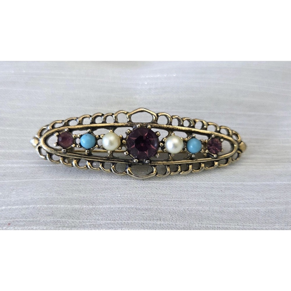 Emmons Gold Tone Filigree Bar Brooch Pin Faux‎ Pearl Amethyst Turquoise 2.5"